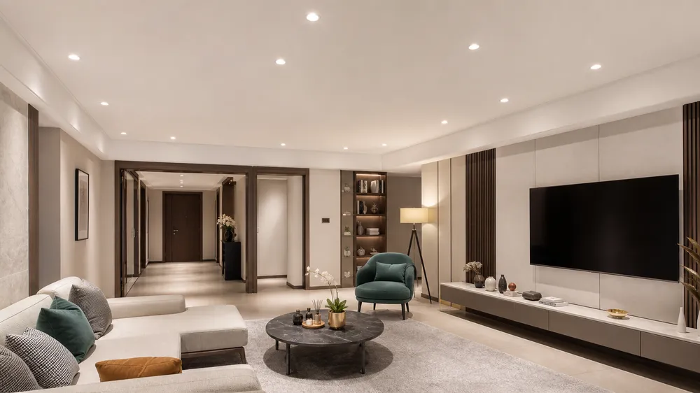 Recessed spotlights in a luxury residential living area with warm white lighting