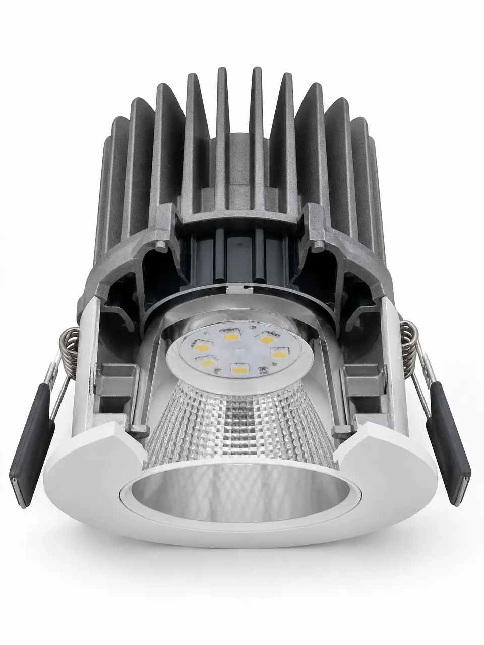 Cutaway view of recessed spotlight showing die-cast aluminum housing, fin profile, and LED module