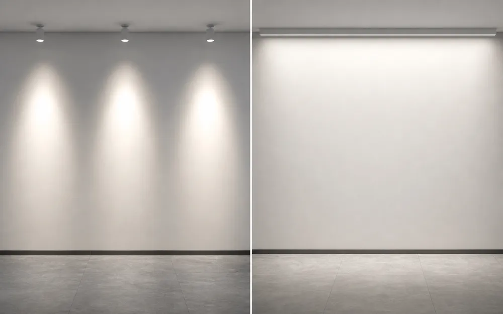 Comparison diagram showing even wall wash distribution versus spotlight hot spots on a vertical surface
