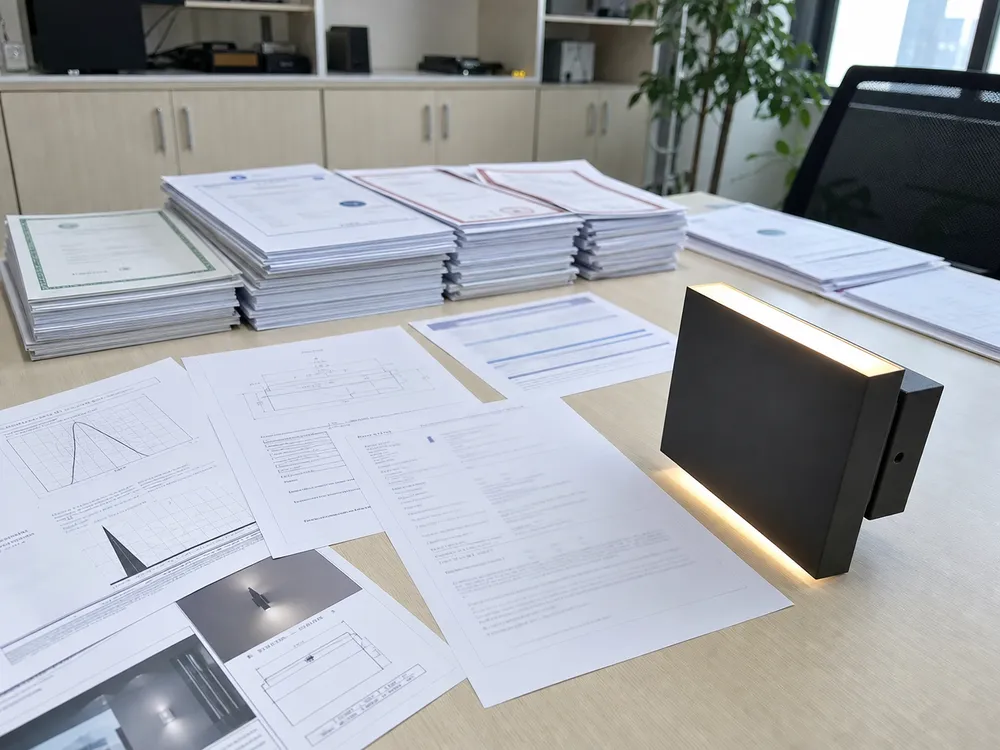 CE, UL, and SAA certification documentation for hallway and stairway wall lighting fixtures
