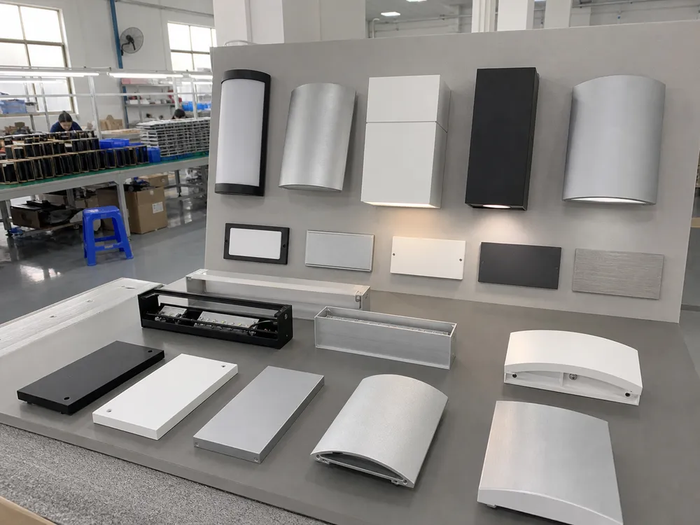 Hallway wall lighting customization options showing housing geometry, finish samples, and branding configurations