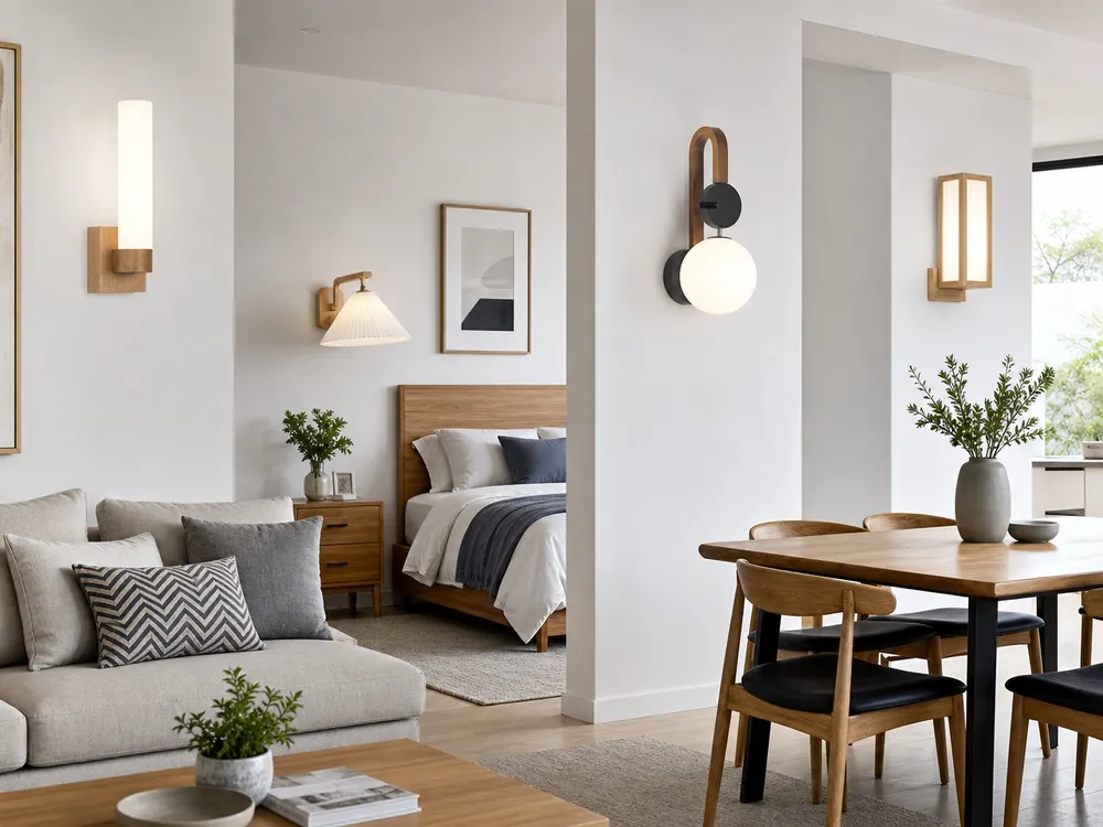 Interior wall lighting fixtures covering living room, bedroom, and dining room applications