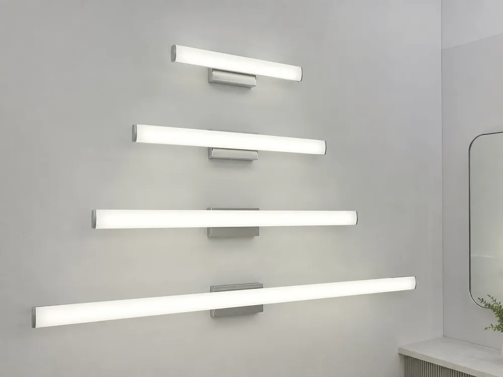 Linear wall lighting bar-format fixtures showing even LED diffusion for vanity and corridor applications