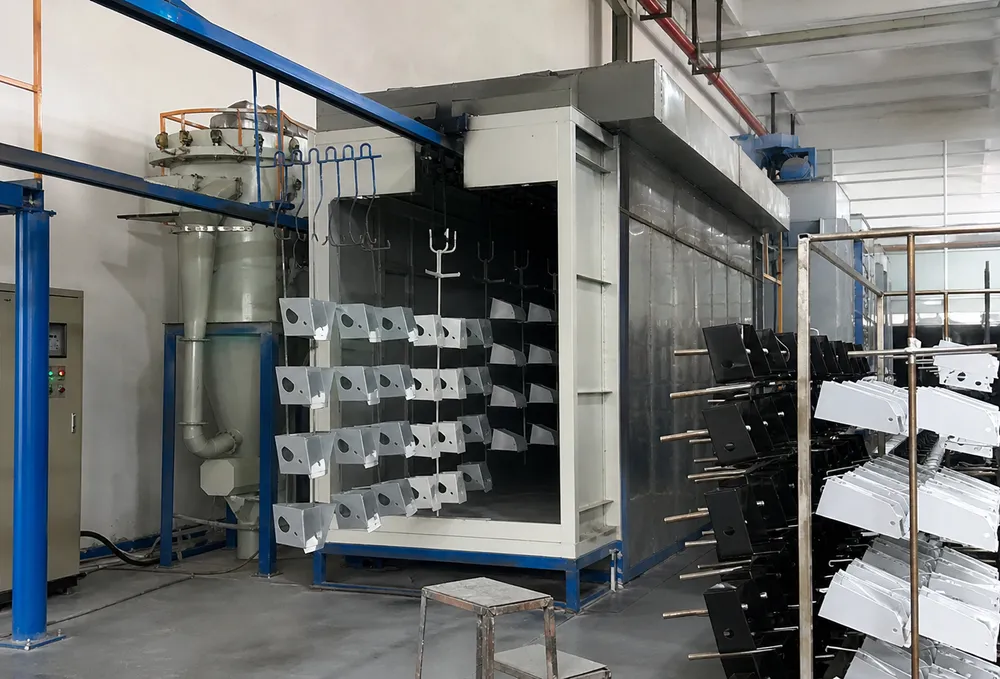Automated powder coating line for wall lighting fixtures