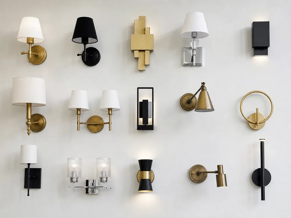 Wall sconce lighting collection showing traditional arm-and-shade and contemporary geometric forms