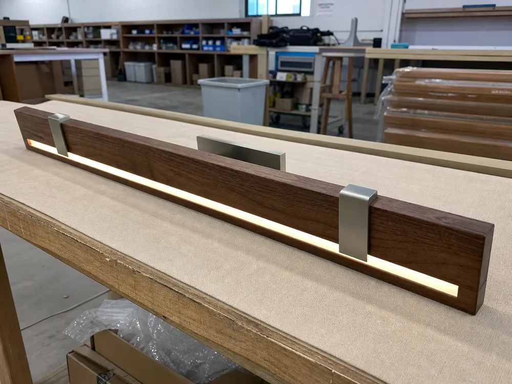Wooden wall lighting fixture combining kiln-dried hardwood with metal hardware and LED source