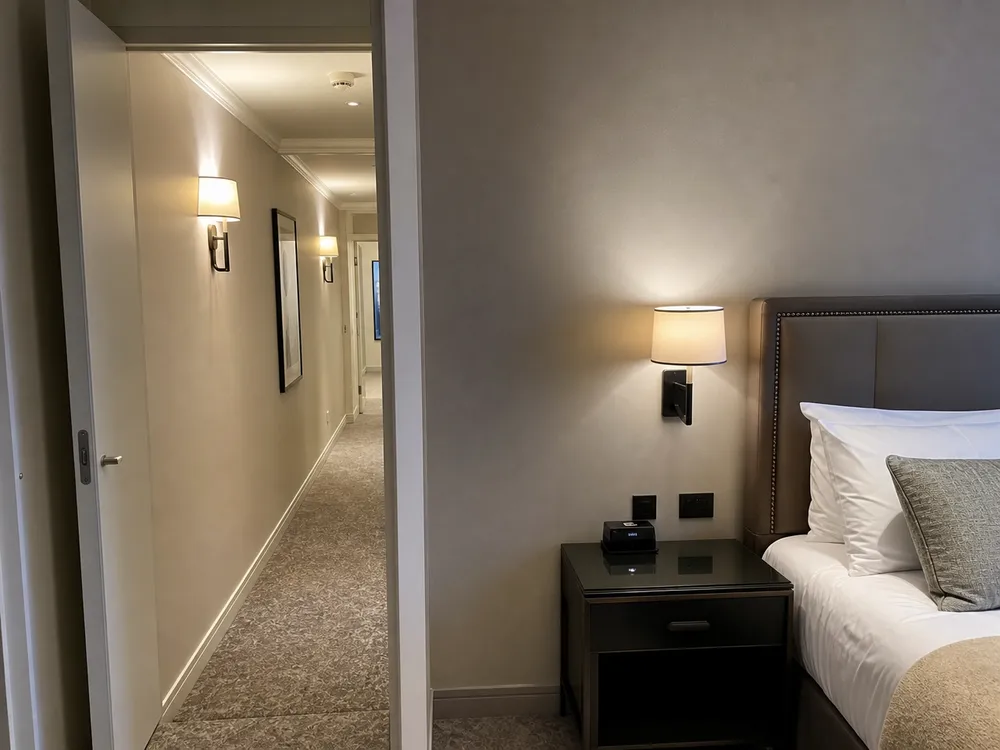 Wall sconce lighting in boutique hotel corridor and guest room