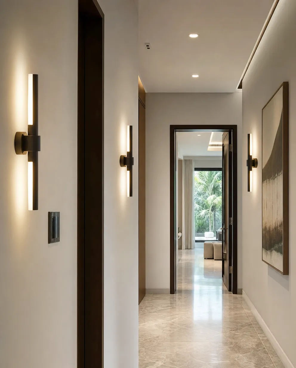 Interior wall sconces installed in luxury residential villa corridor