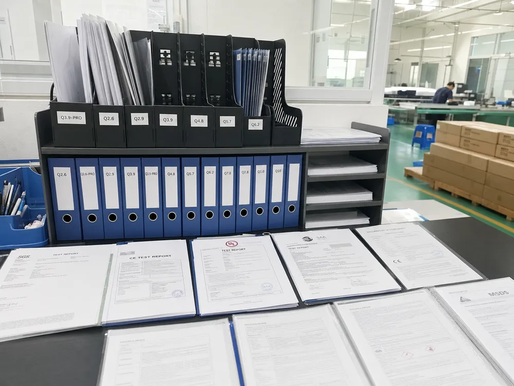 LED wall lighting certification documentation including CE, UL, and SAA test reports maintained per SKU