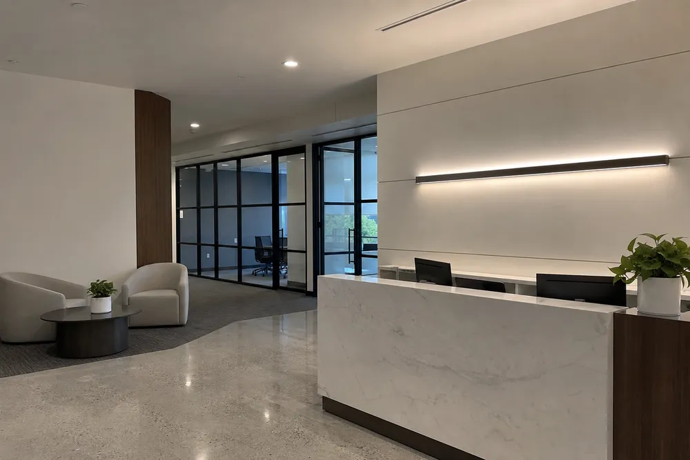 Linear LED wall fixture in modern commercial office lobby
