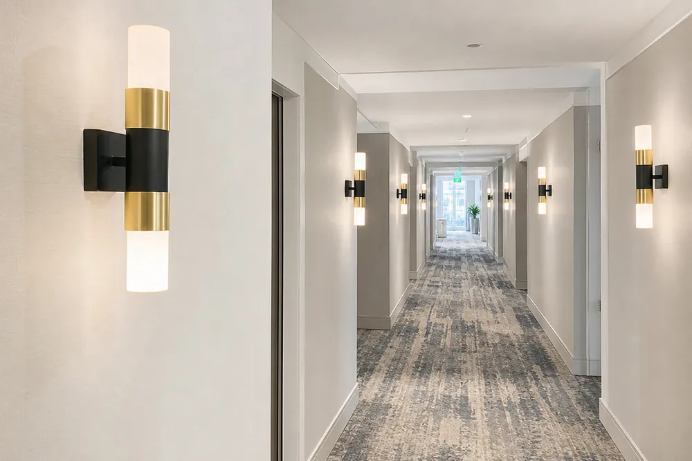LED wall sconce installed in hotel corridor showing consistent finish across multiple fixtures