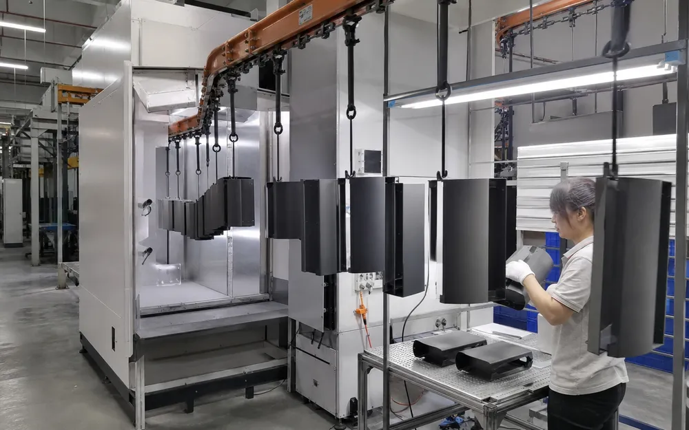 Automated powder coat finishing line showing consistent 60-80μm application across LED wall lighting batch
