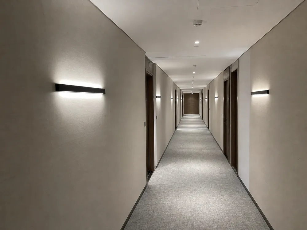 Linear wall lighting installed in hotel corridor showing consistent illumination along hallway