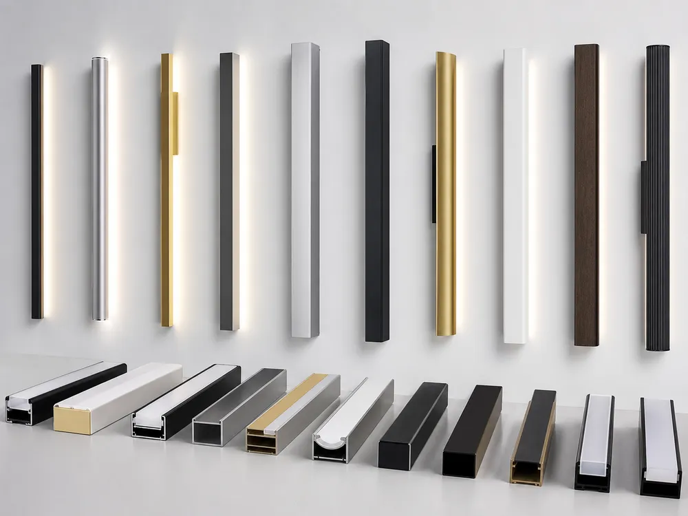 Linear wall lighting customization options showing various finishes and profile geometries