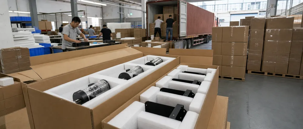 Export packaging configuration for modern wall lighting showing foam-lined cartons and container loading layout