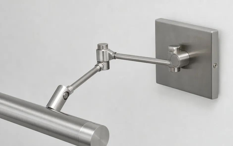 Close-up of adjustable arm pivot mechanism showing dual-axis articulation on picture light