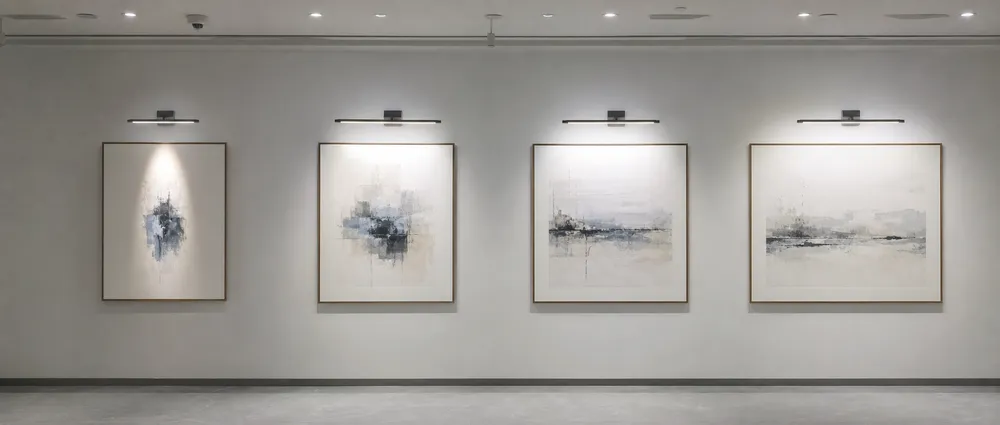 Beam angle comparison showing 15° tight accent through 45° broad wash on gallery artwork