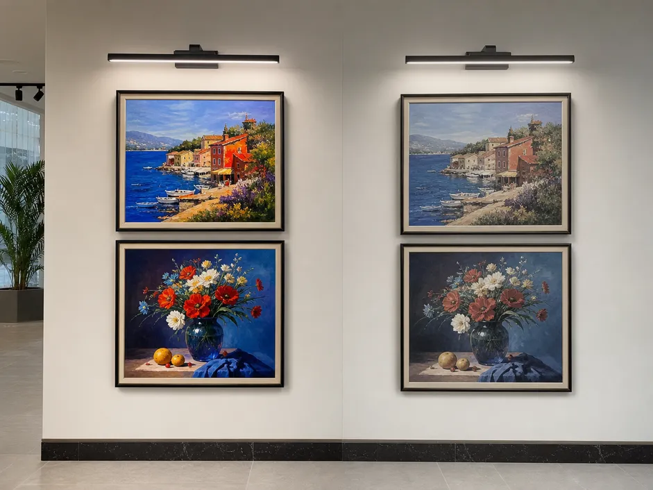 CRI 95+ color rendering comparison showing saturated reds and deep blues under high-CRI art lighting