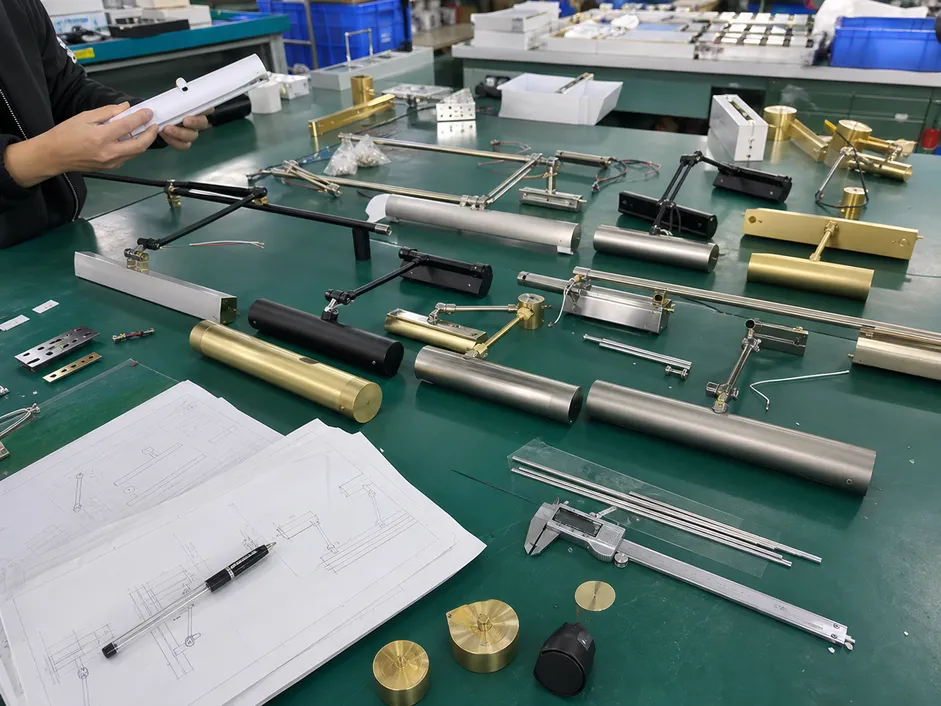 Custom OEM picture light development process showing prototype samples with various arm lengths and finishes