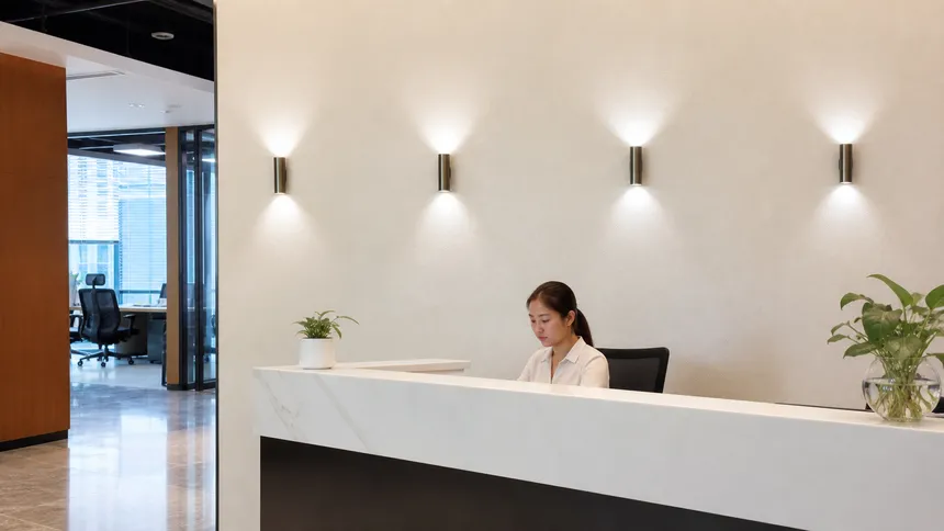 Wall sconce accent lighting in commercial reception area with high CRI performance