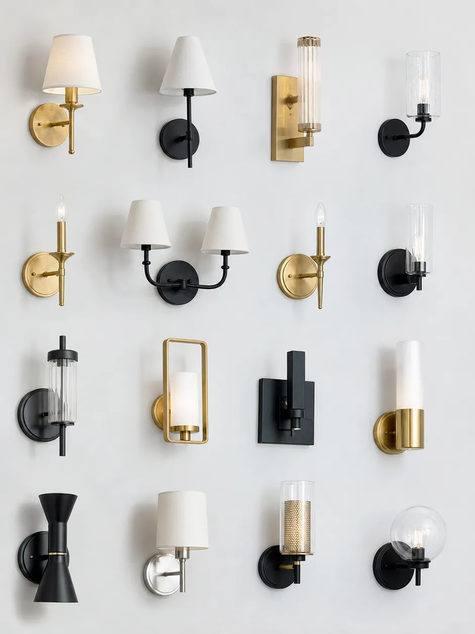 Collection of decorative wall sconce lighting fixtures showing traditional and contemporary styles manufactured by ASCLighting