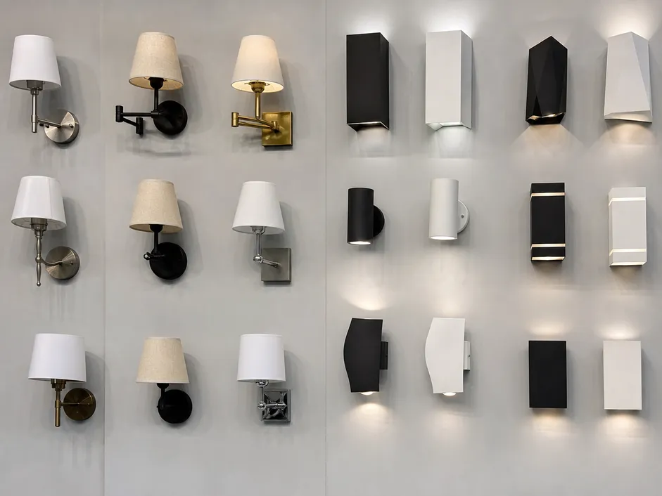 Wall sconce lighting range showing traditional arm-and-shade and contemporary geometric configurations