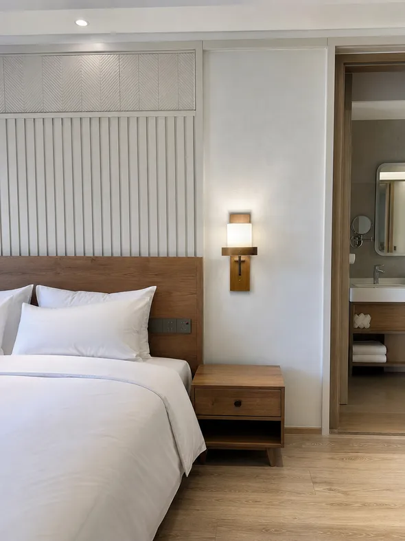 Wooden wall sconce installed in boutique hotel room showing consistent batch quality