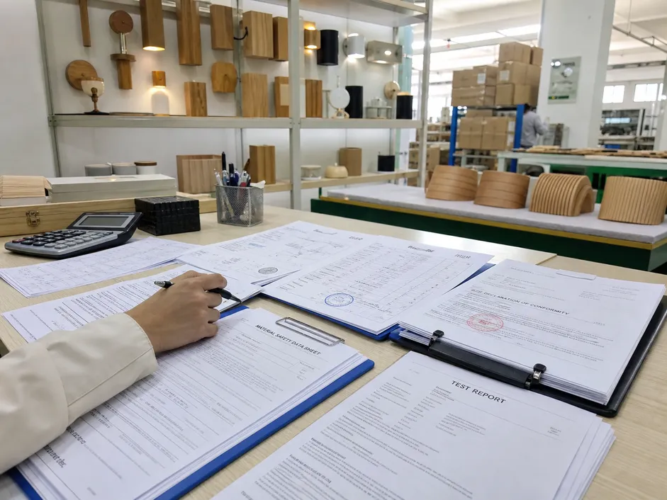 Certification documentation and test reports for wooden wall lighting fixtures