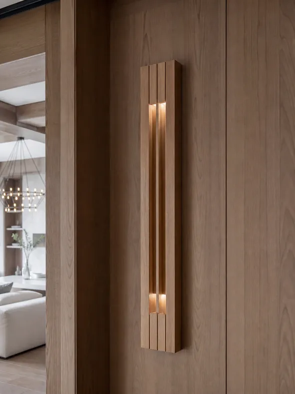 Custom wooden wall lighting fixture in luxury villa project with matched millwork stain